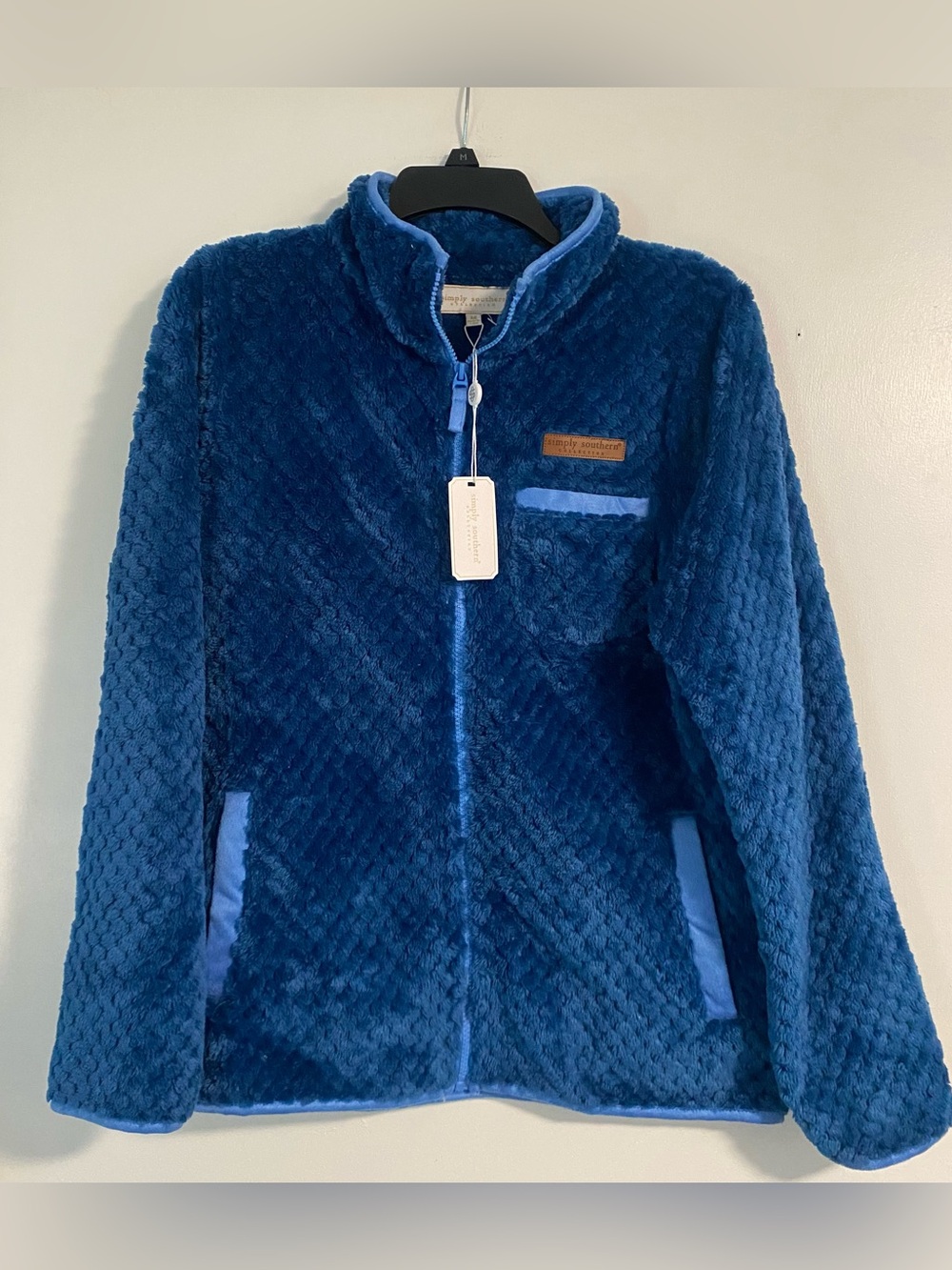 NWT Simply Southern Sherpa Fleece Jacket Blue Full Zip Soft Plush Womens S Cozy